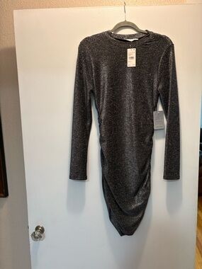 Lush Black Shimmer Long-Sleeve Ruched Bodycon Dress